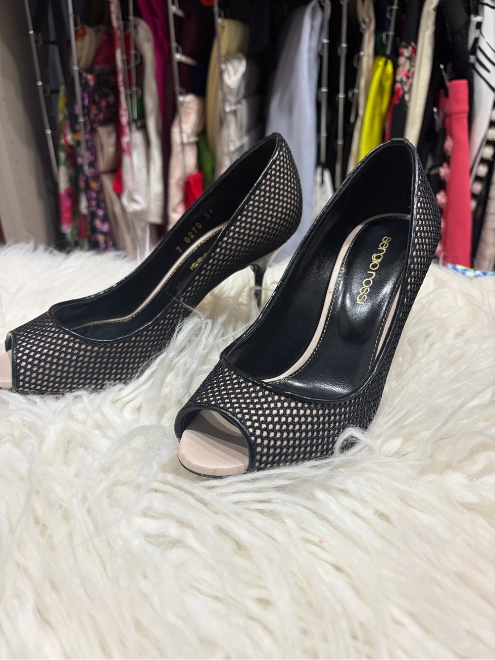 Sergio Rossi Black Mesh Peep-Toe Pumps with Nude Toe